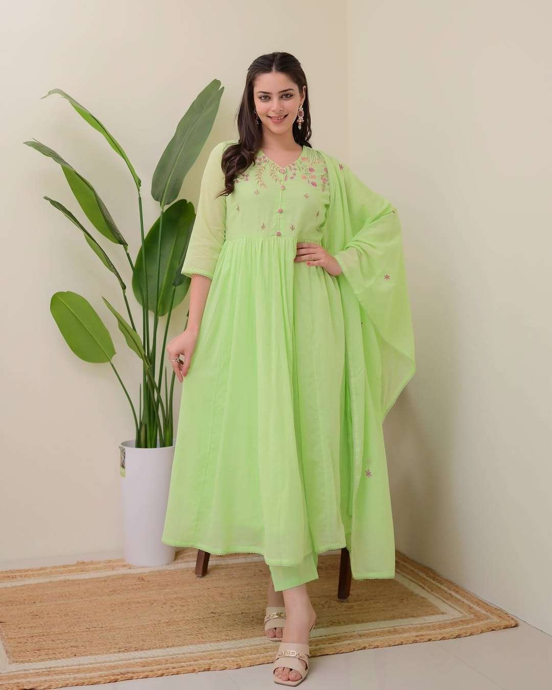Women's Cotton Embroidered Anarkali Kurti With Pant and Dupatta set - Image 2